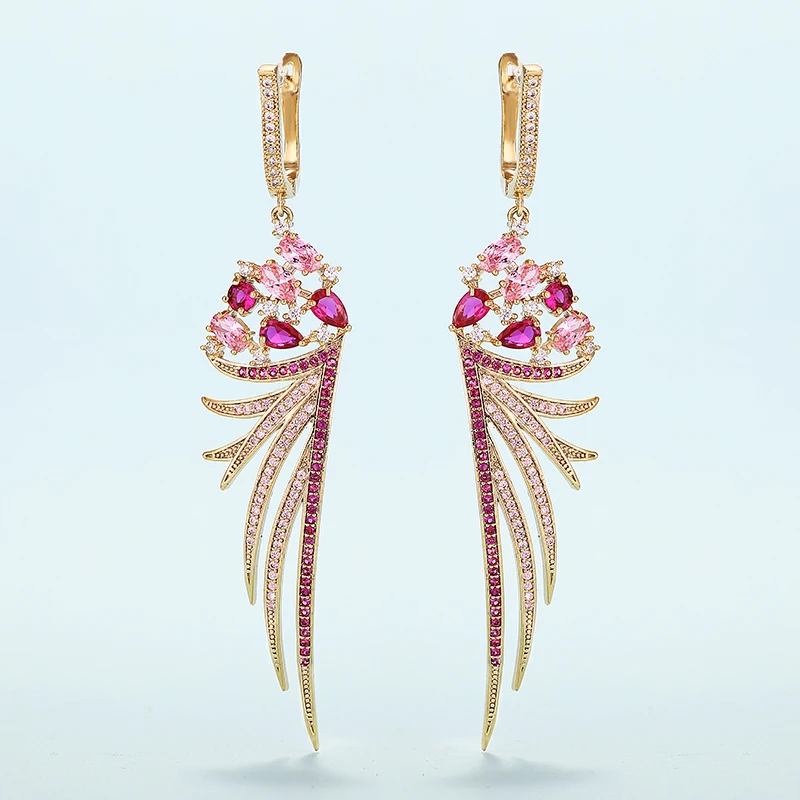 

11.11 Luxury Feather Earrings Cubic Zirconia Long Earrings Copper Metal Rhodium Platting Women Wedding Party Jewelry XIUMEIYIZU