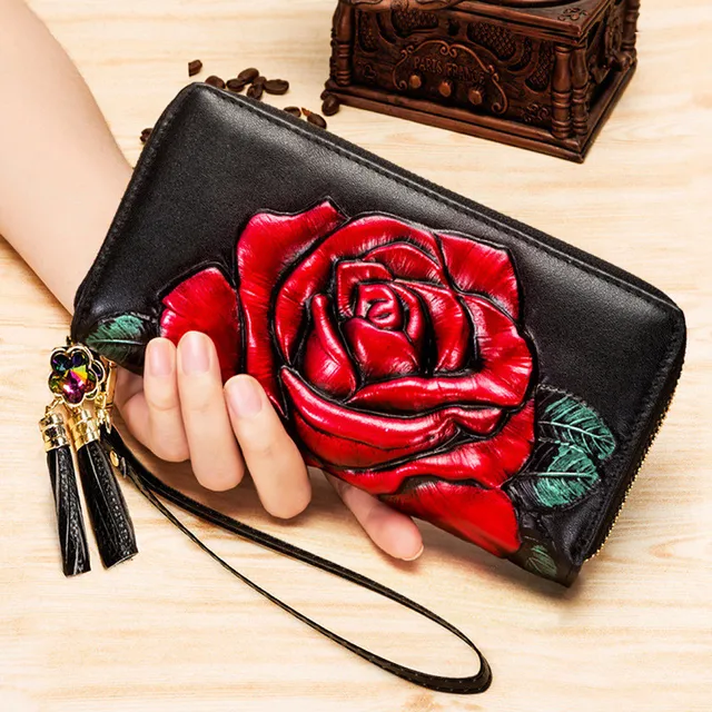 floral genuine leather purse women long women's wallets double zipper clutch money bag for cell phone and card holder 2022 2