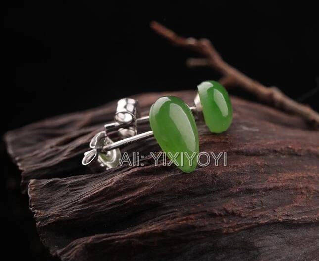 Beautiful 925 Silver Green HeTian Jade Dropping Water Drop Beads Stud Earrings Woman's Lucky Earring Ear Jewelry Certificate