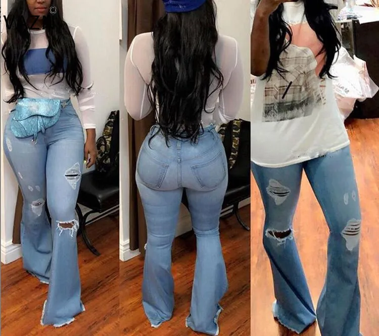 

VAZN SY9022 new product 2019 summer sexy lady blue long jeans mid waist button fly boot cut pant sexy lady chic solid hole jeans