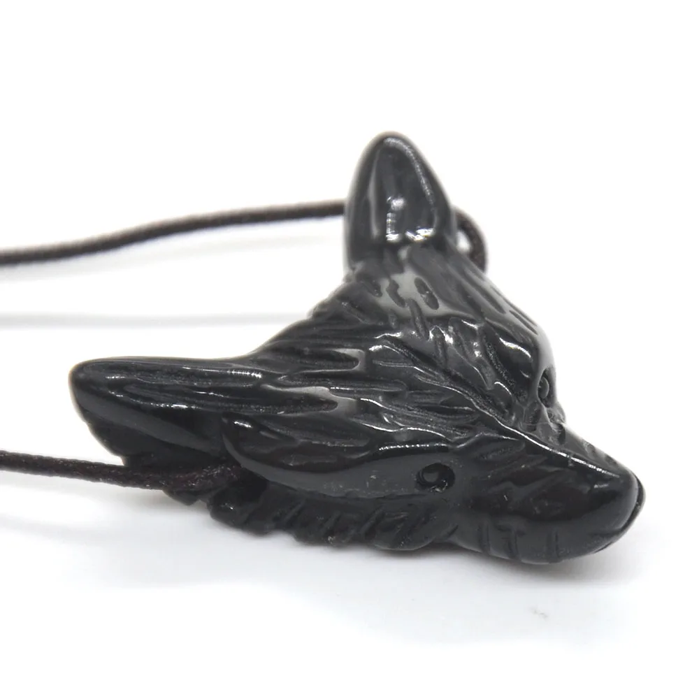 

1.5" Wolf Head Pendant Natural Gemstone Black Obsidian Healing Crystal Necklace Animal Fashion Men Gifts Jewelry 1PC