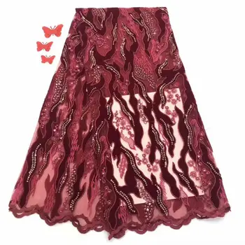 

wine French Net Lace Fabric 2019 Latest african guipure lace fabric embroidery mesh tulle cord Sequins lace fabric FFD-111