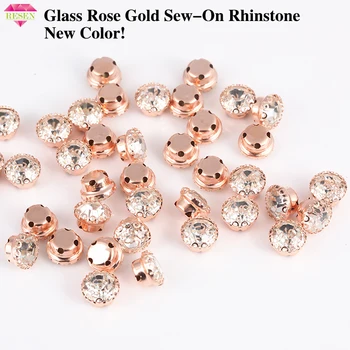 

RESEN New Color! 100PCS Glass Rose Gold Rhinestones With Copper Claw Sew On Crystal Stones Flatback Rose Gold DIY Sewing Claw
