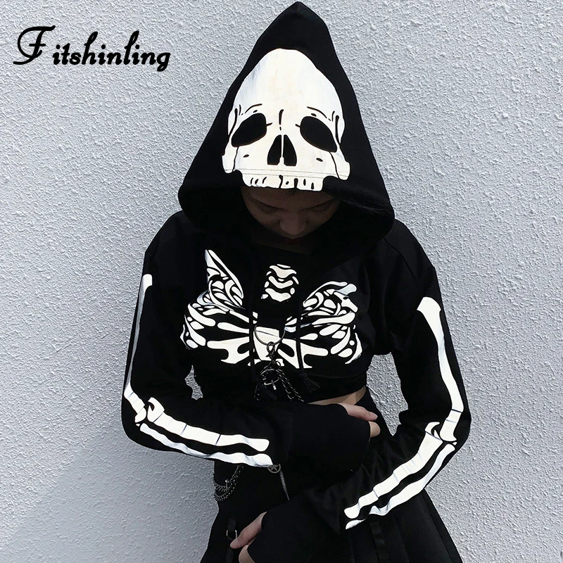 Женская толстовка с капюшоном Fitshinling Grunge черная отражающая цепь принтом черепа