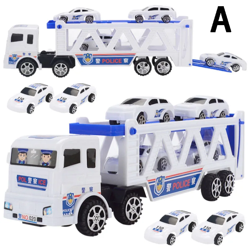 

Large Double Inertia Trailer with Four Mini Police Cars Transporting Big Truck Children's Educational Toys