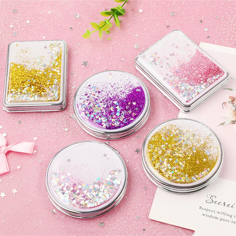 Fashion Women Mini Pocket Makeup Mirror Creative Cosmetic Compact Mirrors With flowing sparkling sand can wholesale Lettering