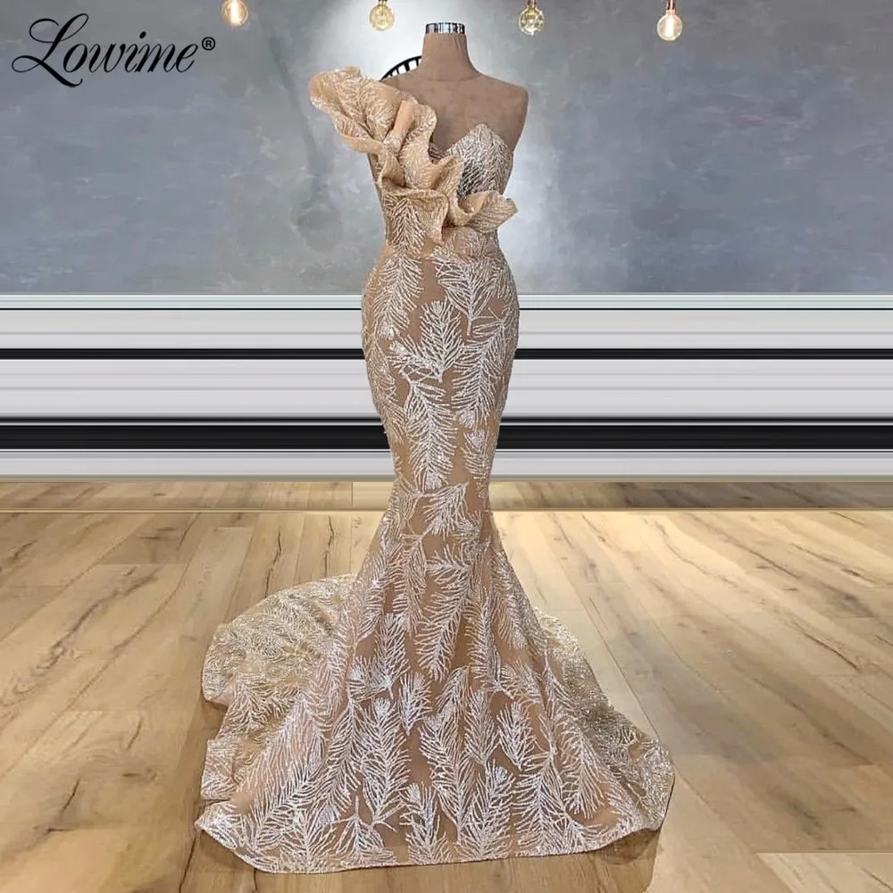 

Glitter Champagne Evening Dresses 2020 Custom Dubai Moroccan Kaftans Mermaid Turkish Arabic Middle East Women Party Gowns