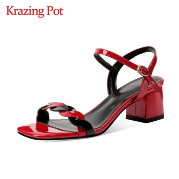 

Krazing pot concise style mixed colors ruffles handmade square toe high square heels summer sandals buckle strap women shoes L42