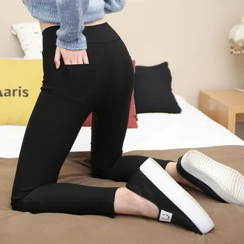 

High Waisted Womens Pencil Pants 2019 Women Casual Elegant Pockets Pants Female Solid Skinny Trousers Female Bottom OL Pants New