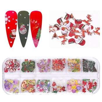 

12 Grids/box 3D Nail Art Christmas Laser Butterfly Nail Sticker Rose Flower Leaf Decals Wood Pulp Flakes Manicure Decorations
