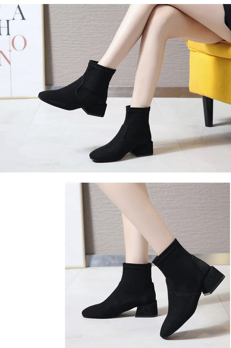 trend plus size women booties leather/flock stretch slip-on mid-calf socks boots new thick square heel fashion boots women shoes