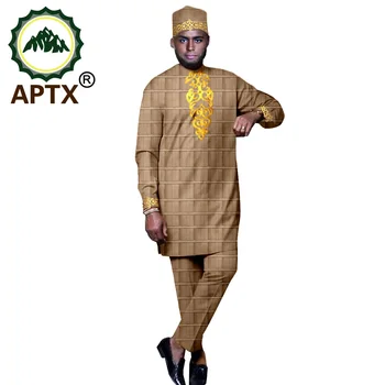 

2020 Men's 3 Piece Suit African Dashiki Clothing Coat Jacket+Ankara Pants+Hat Set Tracksuit Outfit Blazer APTX TA2016046