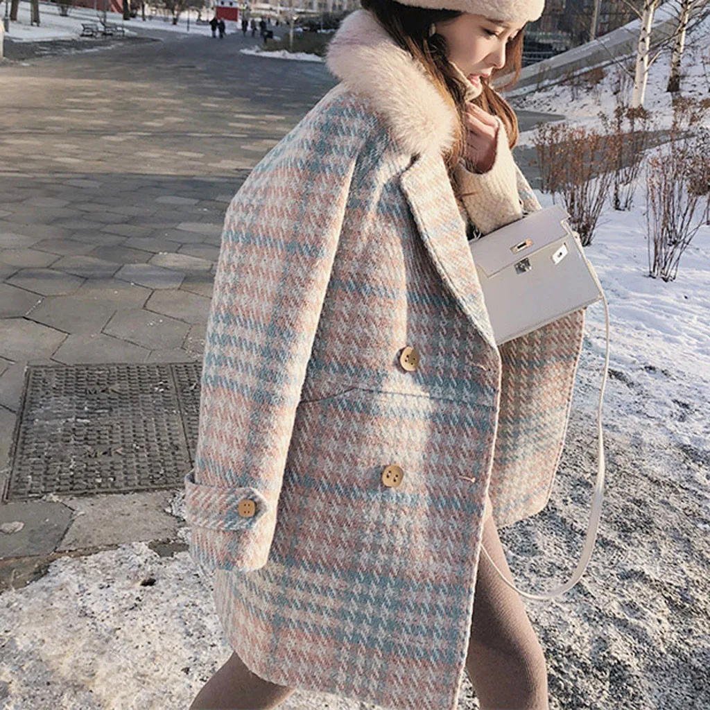 Женская зимняя одежда, модное женское элегантное двубортное шерстяное пальто размера плюс, Женское пальто в клетку#35