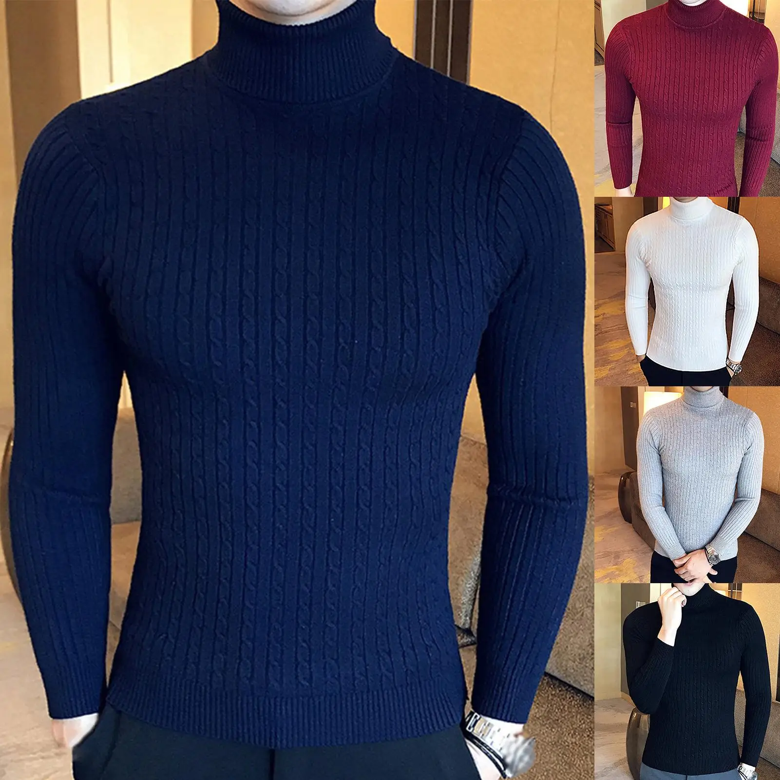 Suéter de manga larga con cuello de tortuga para hombre, Jersey de punto trenzado, de Color liso, Otoño e Invierno