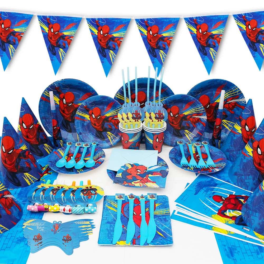 

Cartoon Spiderman Theme Boys Girls Birthday Decoration Wedding Event Party Supplies Tableware Sets For Kids
