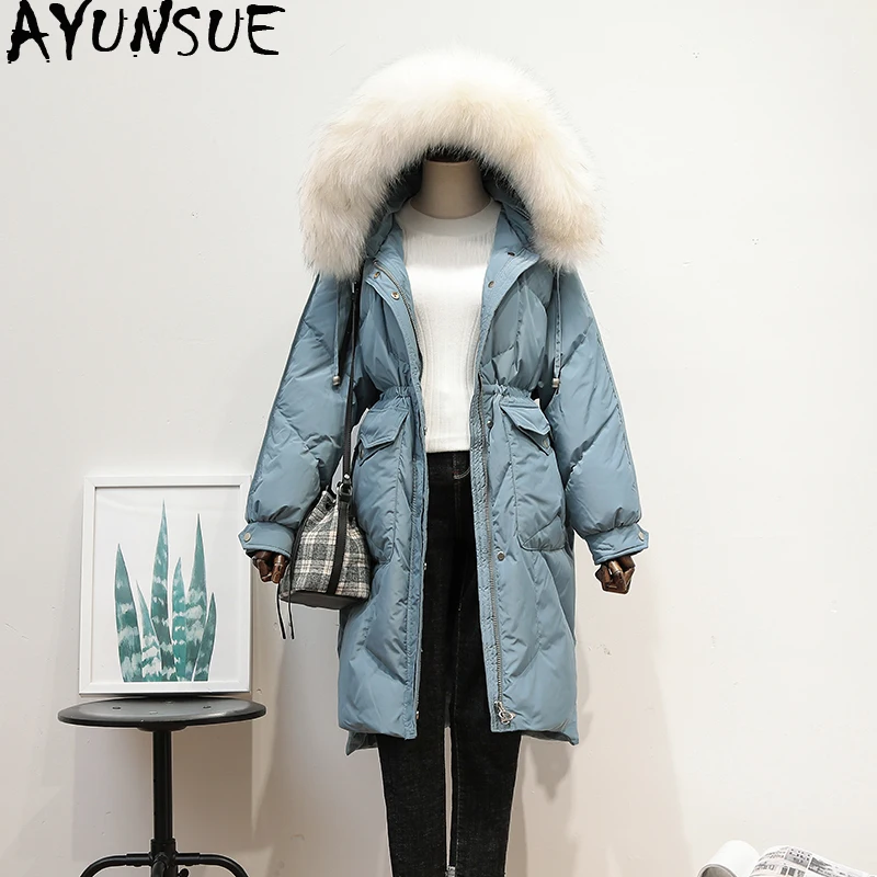 

Women's Down Jacket Hooded White Goose Down Coat Winter Long Warm Puffer Jacket Raccoon Fur Collar Doudoune Femme Hiver AYY0007