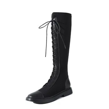 

New Fall Black White Handsome Knee-high Women Boots Flat Platform Leather Knight Boots Cross-tied Thick Bottom Round Toe Shoes