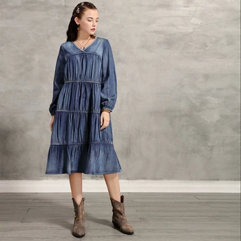 

Original Women's Spring 2020 New Large Size Loose Denim Retro Casual Lazy Lantern Sleeve Dress