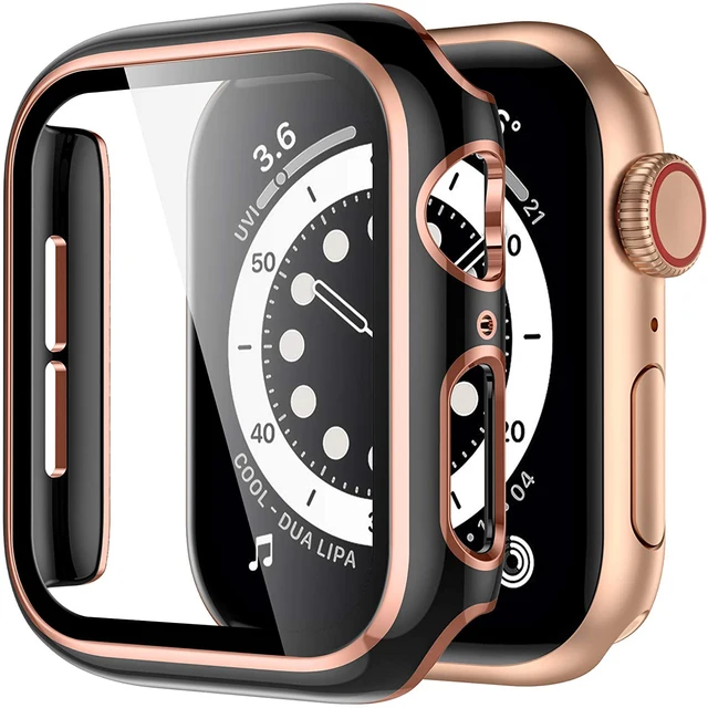 Full Screen Protector Bumper Frame Case for Apple Watch 6/SE/5/4/3/2/1 Cover Slim Tempered Glass Film for iWatch 4/5 Black rose gold