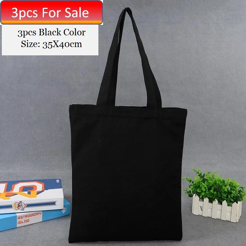 

Reusable Shopping Bag Large Folding Tote Unisex Blank DIY Original Design Eco Bag Canvas Tote Bag Black 3pcs For Sale 35x40cm