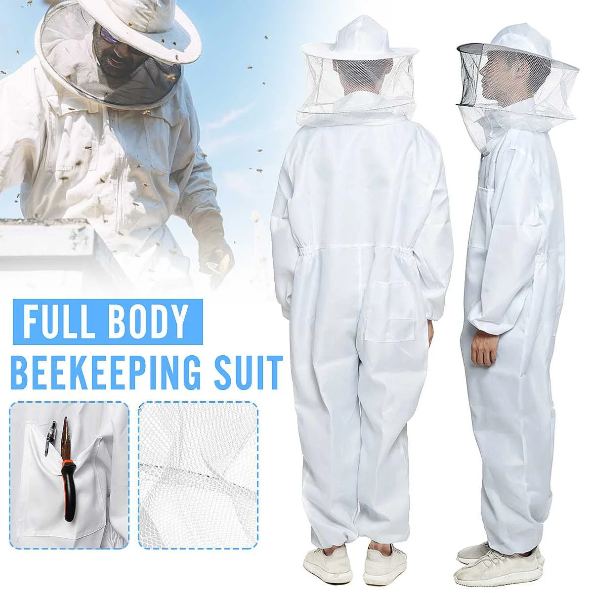 White Beekeeping Protection Equipment Veil Bee Keeping Full Body Suit XL Size 