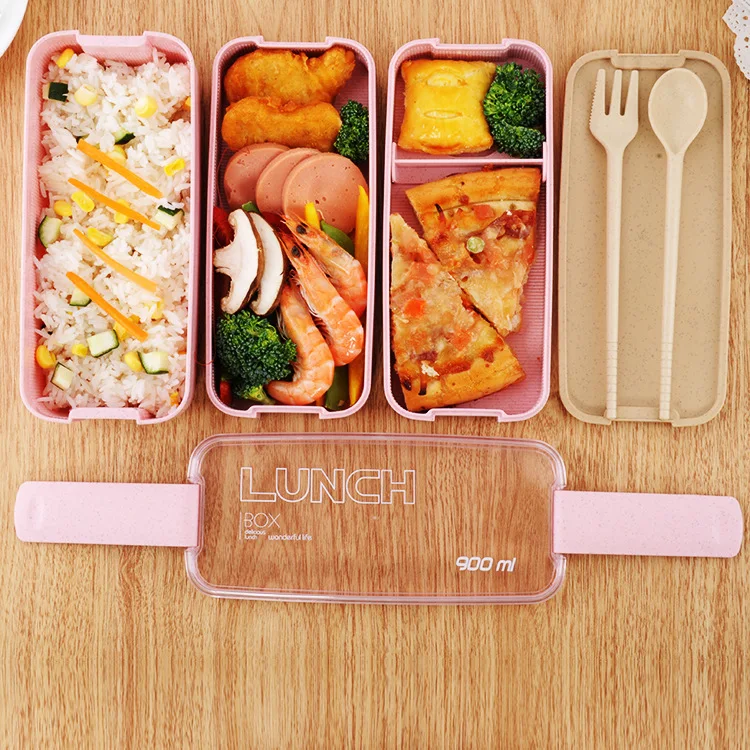 

900ml Healthy Material Lunch Box 3 Layer Wheat Straw Bento Boxes Microwave Dinnerware Food Storage Container Lunchbox