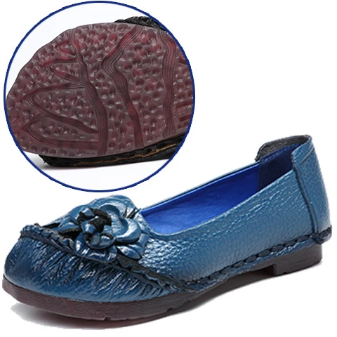 Ethinc/женские лоферы из натуральной кожи в стиле ретро; мягкая повседневная женская обувь на плоской подошве с круглым носком без застежки с цветочным принтом; zapatos Mujer на платформе - Цвет: Blue