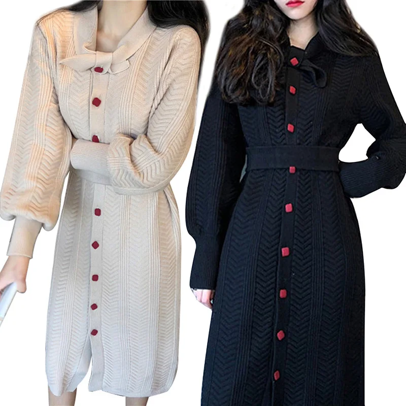 New Fashion Women Knit Cardigan Dress Bow Long Sleeve Button Dress Split Casual Dresses J9