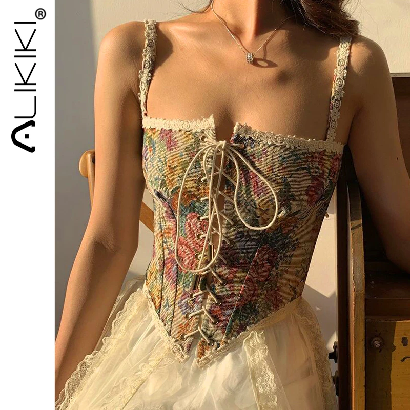 silk camisole French Vintage Corset Tops To Wear Out Sexy Floral Corsets Bustier Crop Top Tank Lace Up Women Flower Camisole cream camisole