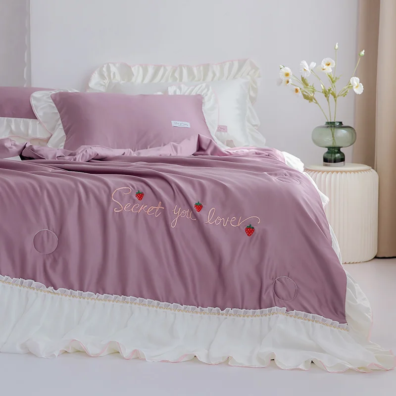 

Summer Embroidery Solid Color Air Conditioner Blanket Washed Polyester Queen Double Comforters Bedspread Sheet Pillowcase #/