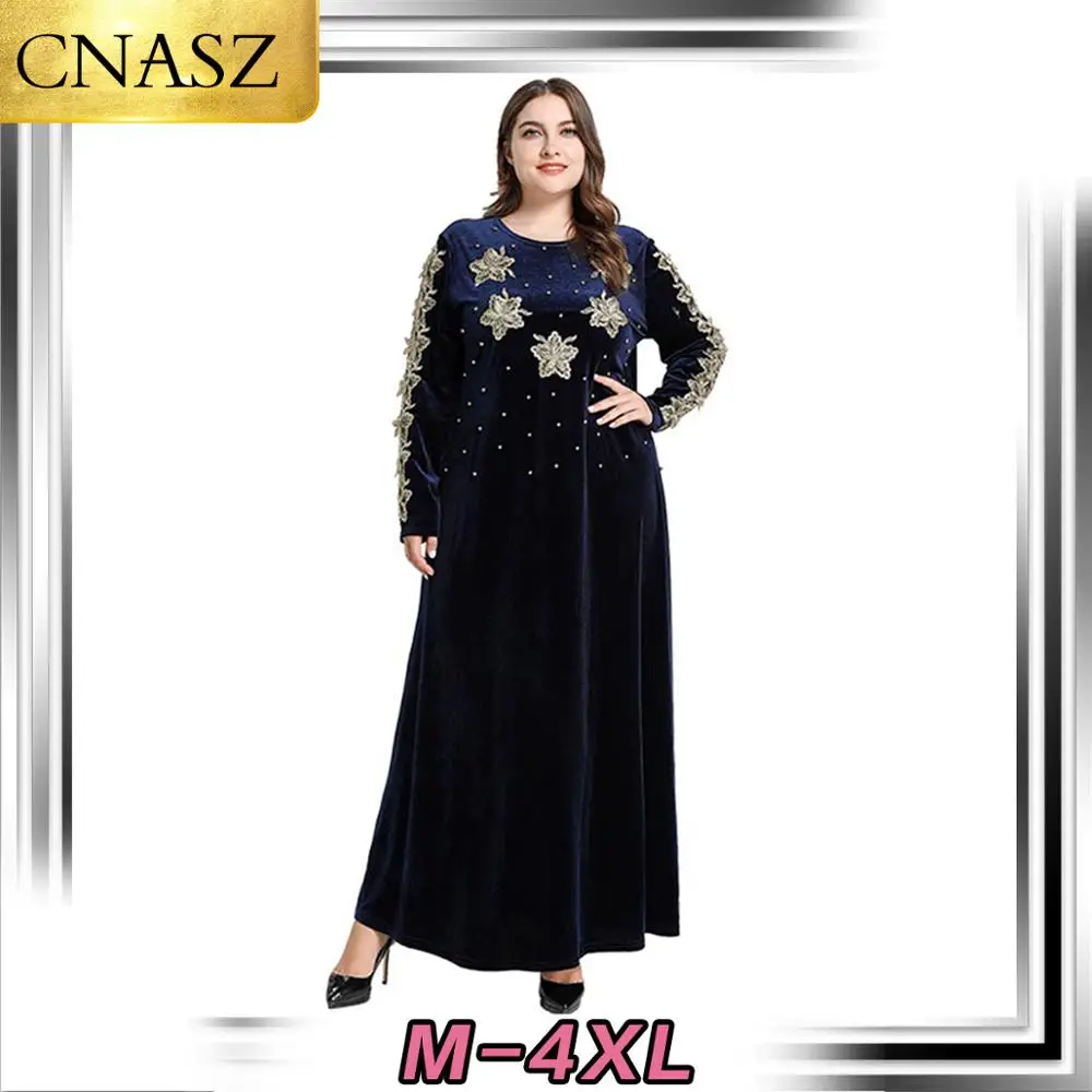 New Muslim Fashion Large Size Women's Middle East Arabic Embroidered Beaded Gold Velvet Dress Islamic Turkey Dubai Elegant Style |