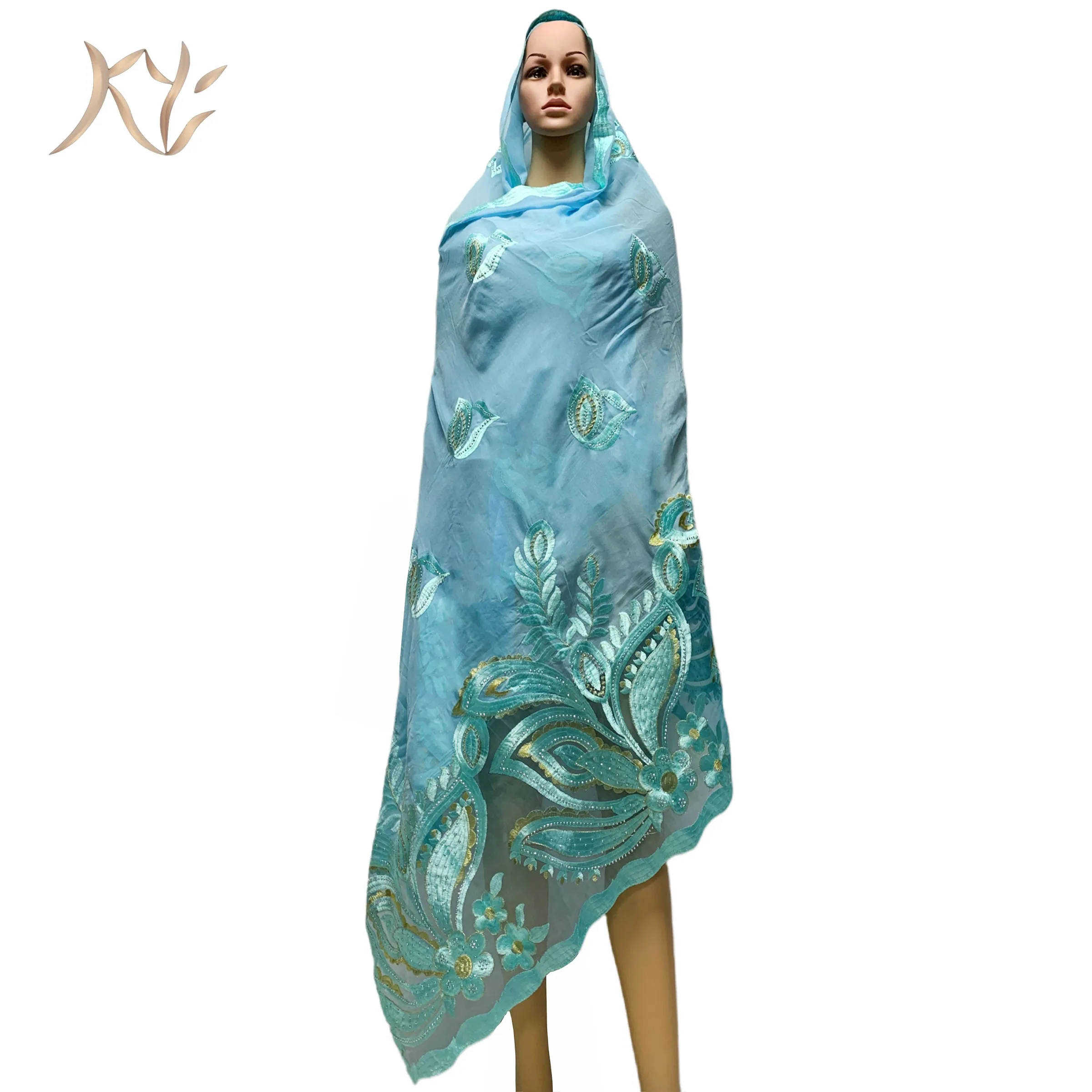 Hot Sale Muslim  African Women Dubai Scarf Big Size Embroidery Cotton splicing with Net Women Hijab Scarf  Sc-61