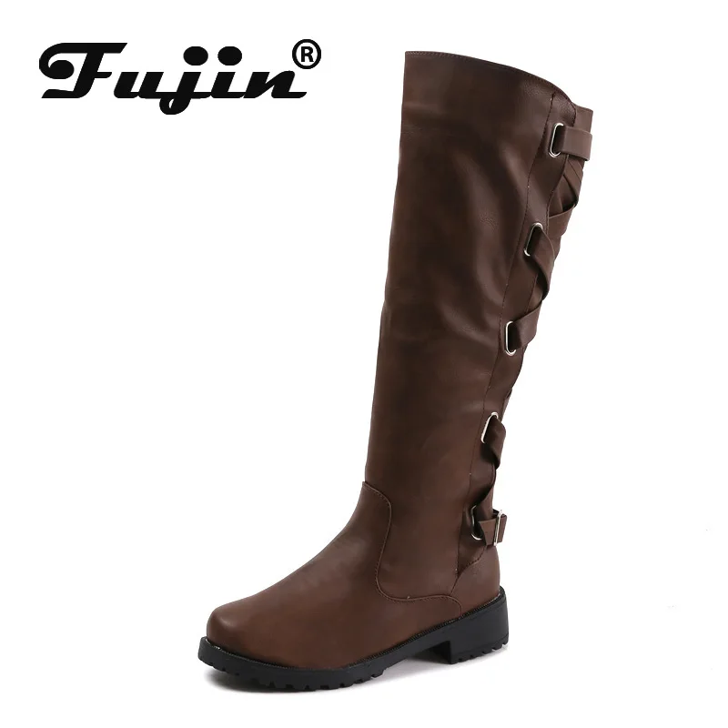 

Fujin Women Boots Winter Short Plush Dropshipping Round Toe Flat Bottom Suede Low Heel Lace High Fashion Leisure Knee High Boots
