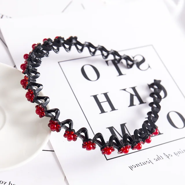 Fashion Pearl Non-Slip Rhinestone Hairbands Elastic Flower Women Hair Hoop Bands Headband Bezel Girls Hair Accessories Headdress red pearl crystal