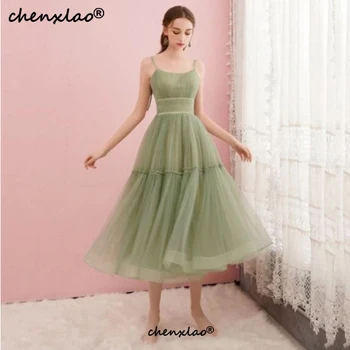 

Light Green Homecoming Dresses Spaghetti Straps Scoop Neck Tulle Lace Draped Prom Party Gowns Sleeveless Robe De Soiree
