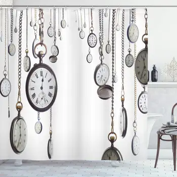 

Antique Decor Collection, Many Old Style Pocket Watch on Chain Clocks Chronometer Hours Antique Image, Polyester Fabric Bathroom