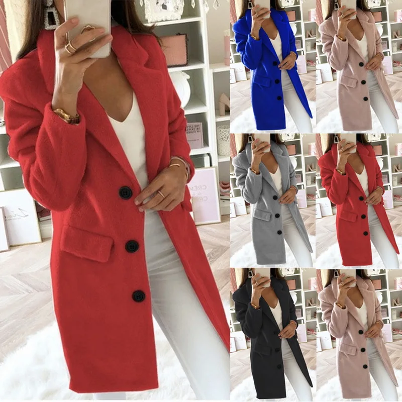 Fashion Autumn Long Coat Women Turn Down Collar Solid Yellow Coat Casual Lady Slim Elegant Blends Outerwear Clothes