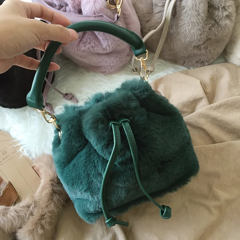 

fashion plush women handbags designer drawstring shoulder bags luxury faux fur crossbody bag lady buckets bag purses 2019 winter