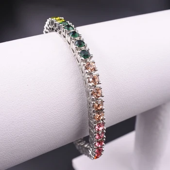 

Rainbow 7 colors crystal stone silver color 1 row tennis bracelet hip hop chain iced out bling rap rock dancer gold gift jewelry