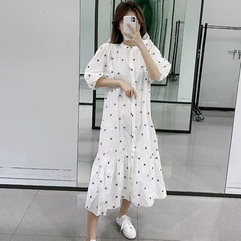

Women's Embroidery Vintage Puff Sleeve Dress Summer O-neck Loose Midi Dresses Women 2020 White Elegant Harajuku Vestidos Lady