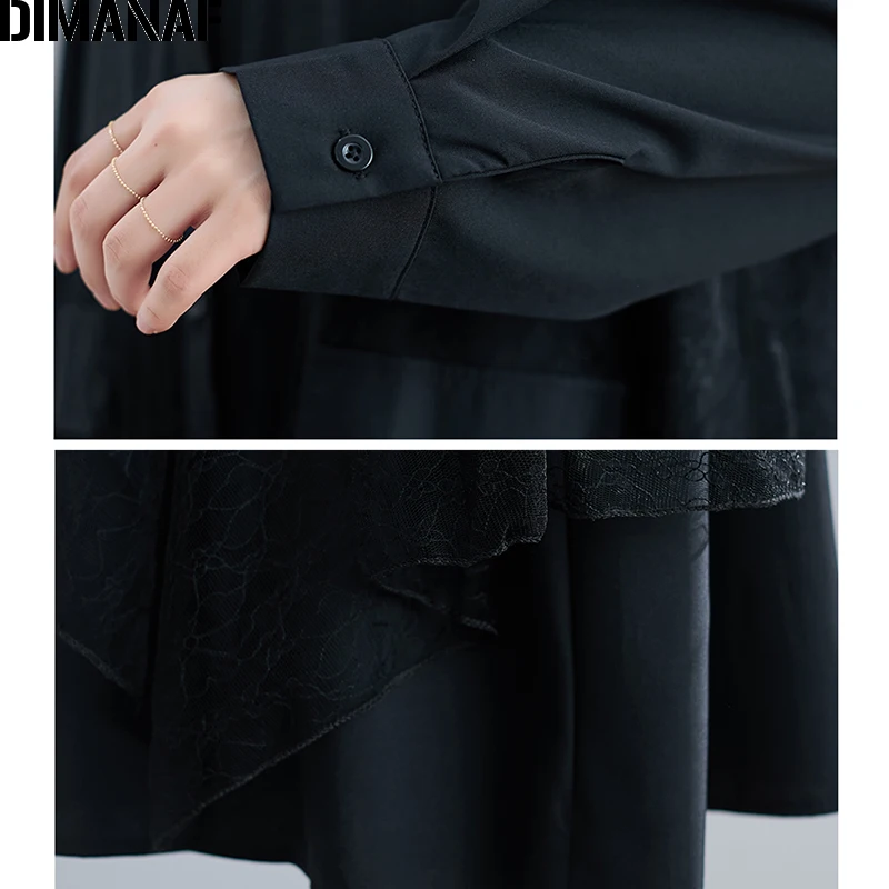 DIMANAF размера плюс женская блузка рубашка элегантные офисные женские топы туника с длинным рукавом Свободная Повседневная Женская одежда с кружевами черного цвета
