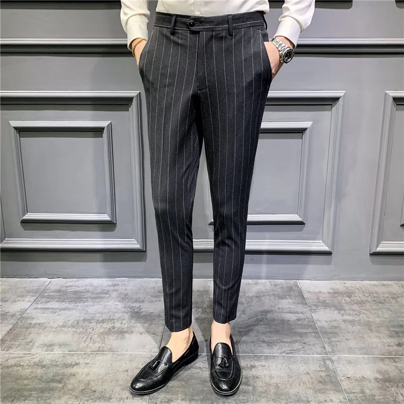 

Summer Korean-style Slim Fit Casual Trousers MEN'S Ninth Pants Skinny Pants Men's Stripes Long Pants No Ironing Youth England Fa