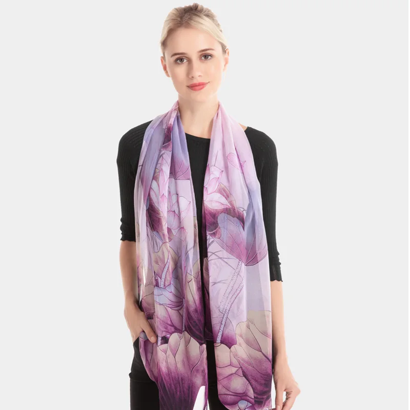 

Spring and Autumn Thin Soft Silk Scarf Lotus Print Imitation Silk Lady Scarves Female Bandanas Chiffon Sunscreen Beach Shawls