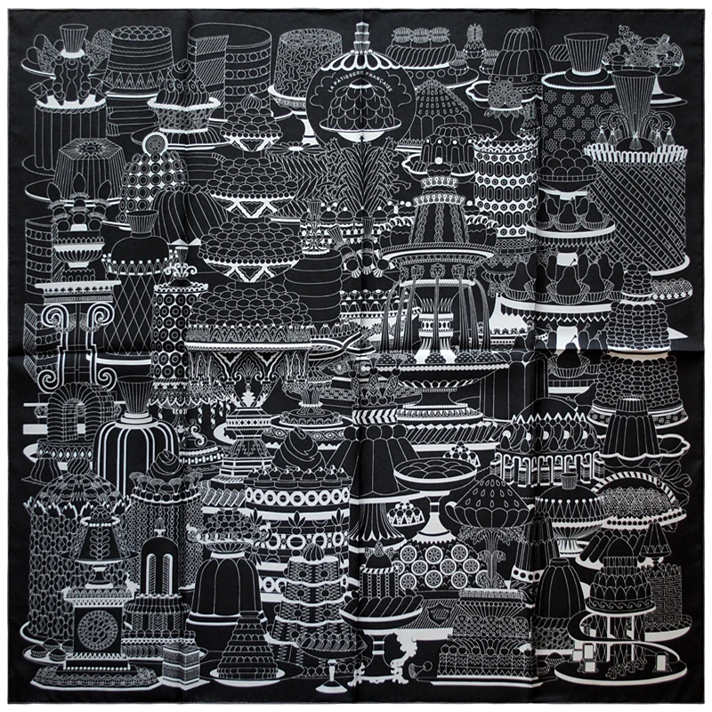 HuaJun 2 магазин | черно-белый с прохладным "La Patisserie Francaise" 90 Шелковый квадратный шарф саржевый струйный шарф ручной работы керлинг