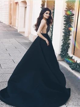 

Modern Sexy Style Black Prom Dresses 2020 Backless Deep V Neck Lace Satin A Line Women Evening Party Gowns Customize