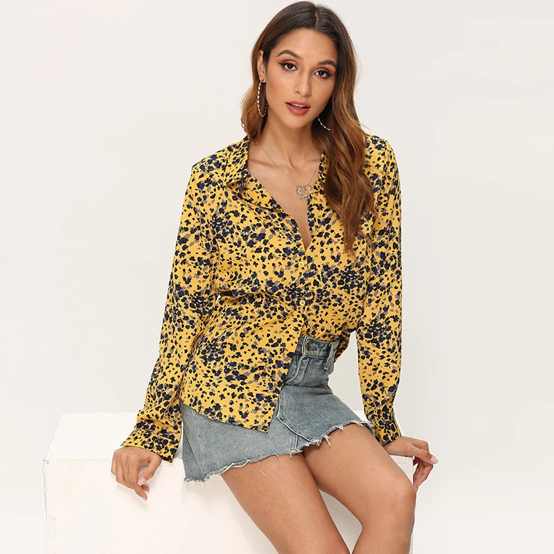 

Women's blouse with print, 2020, leisure, turn-down collar, office blouse with long sleeves, for girls, elegant shirts, casual