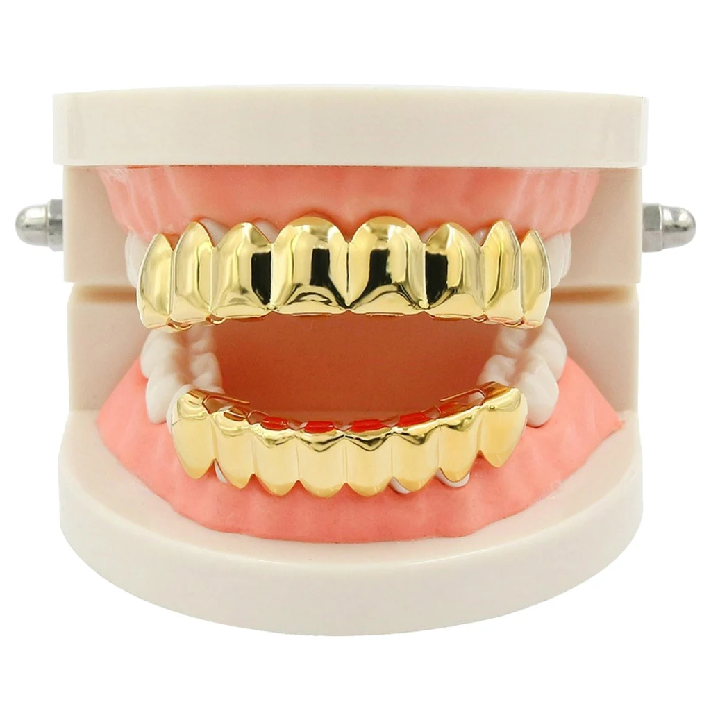 18K Gold Plated Mouth Grill for Mouth Top Bottom Hip Hop Teeth Grills Teeth Mouth with Molding Bars for Cosplay Party Tooth 