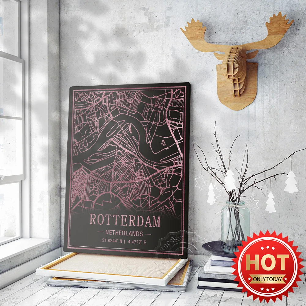 Europa Porto Marittimo Amsterdam Paesi Bassi Art Map Poster, Stampe Decorative Di Mappe Rosa Nero, World Travel City Street Map Commemora Il Murale