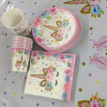 

Unicorn Birthday Party decors Disposable Tableware Unicorn Balloon Cups Plates Cake Toppers Kids Birthday Unicornio Party Supply