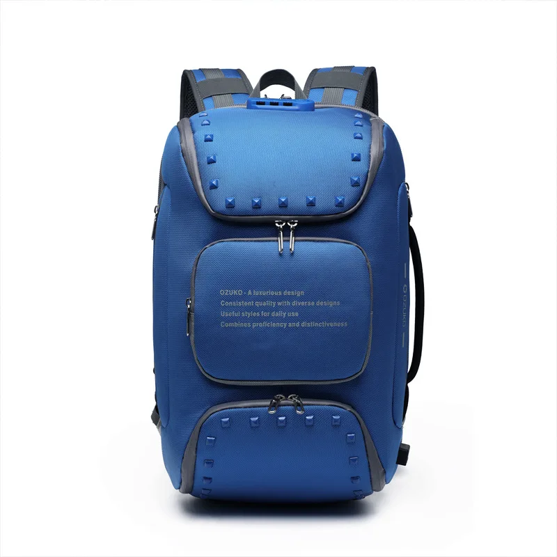 OZUKO Multifunction Men Anti-theft Backpack Large Waterproof USB Charging 15.6" Laptop Backpack Male Travel Bag with Shoe Pouch - Color: Blue